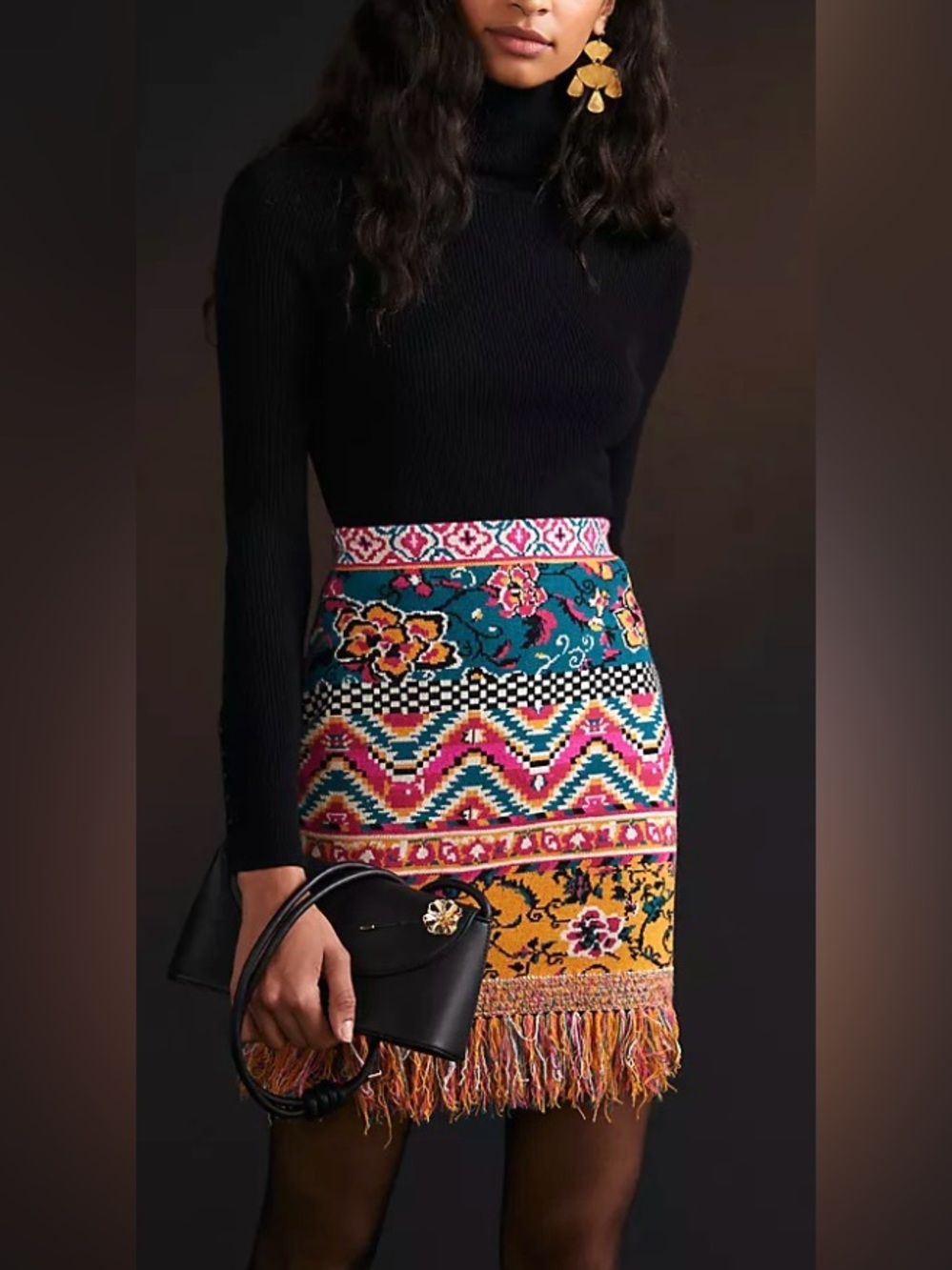 Anthropologie Fringe Abstract Multicolor Sweater Mini Skirt Size Medium Petite